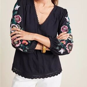 Anthropologie Helene Floral Embroidered Peasant Blouse